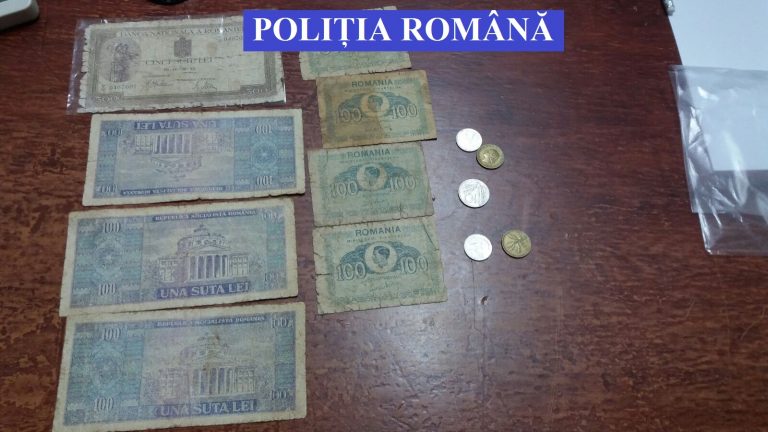 DÂMBOVIȚA: Polițiștii au confiscat monezi și bancnote vechi de zeci de ani, dar și două cărți