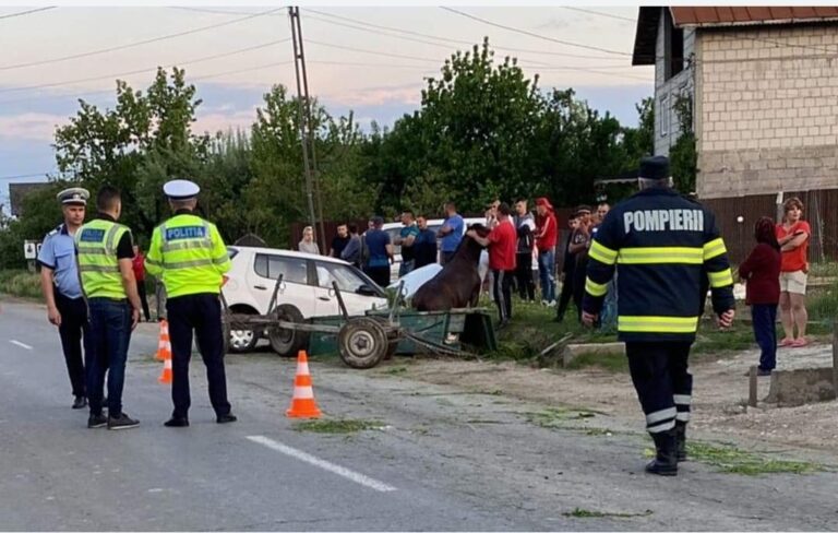 Accident violent pe Valea Dâmboviței! Două persoane au ajuns la spital după ce căruța în care se aflau a fost lovită de un autoturism