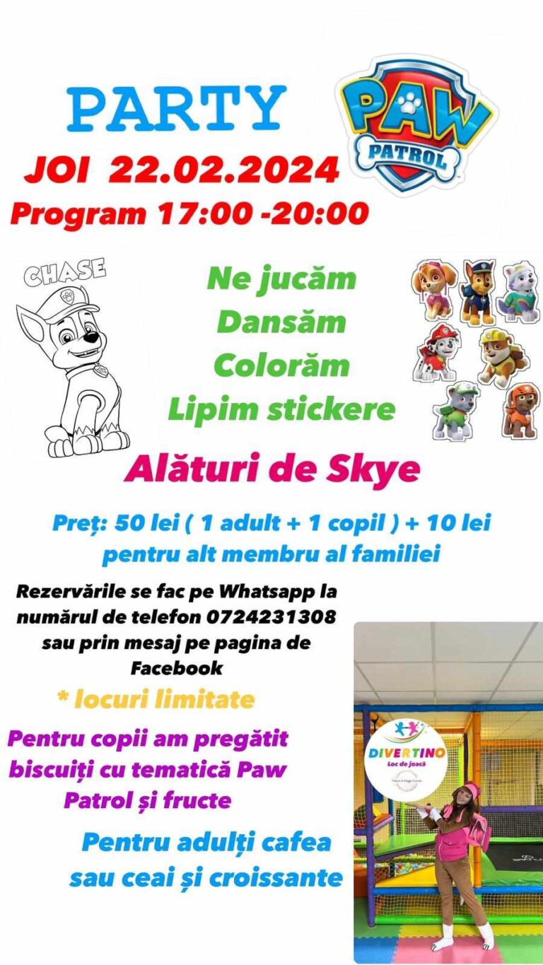 Târgoviște: Skye din Patrula cățelușilor vine la DIVERTINO! Atelier de creație joi, 22 februarie