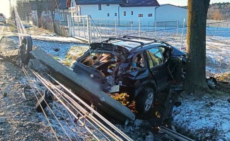 Prăpăd pe șosea! A intrat cu mașina într-un stâlp, pe care l-a pus la pământ, apoi s-a oprit într-un copac