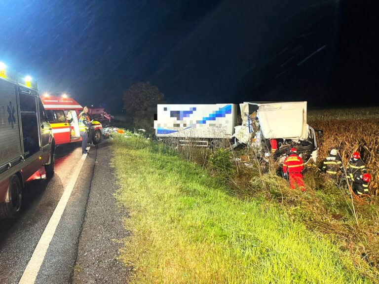 Impact mortal între un autocamion și o autobasculantă! Șoferul unei firme de curierat, în vârstă de 28 de ani, și-a pierdut viața loc. Tânărul a fost găsit încarcerat și în stare de inconștiență