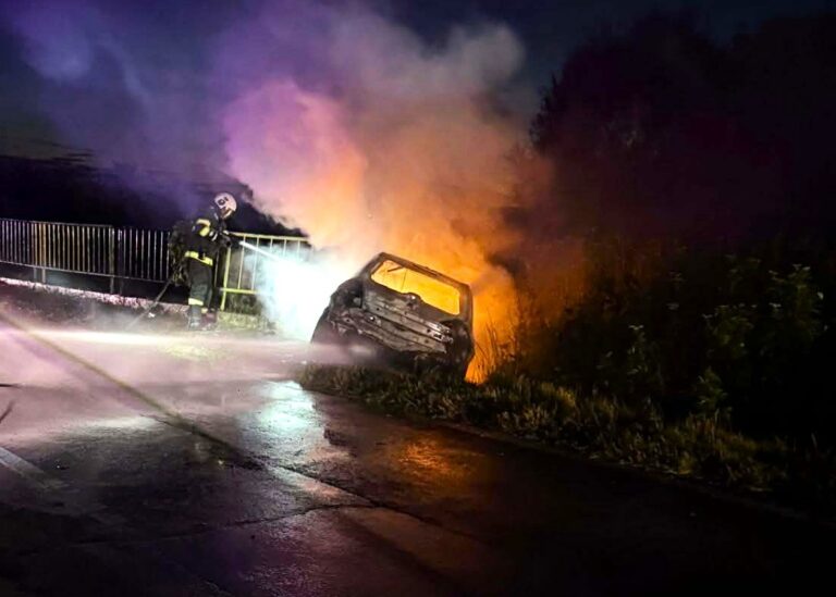 Accident terifiant în Dâmbovița! Un autoturism a luat foc după ce s-a izbit de un cap de pod. Șoferul, un tânăr de 21 de ani, a rămas încarcerat