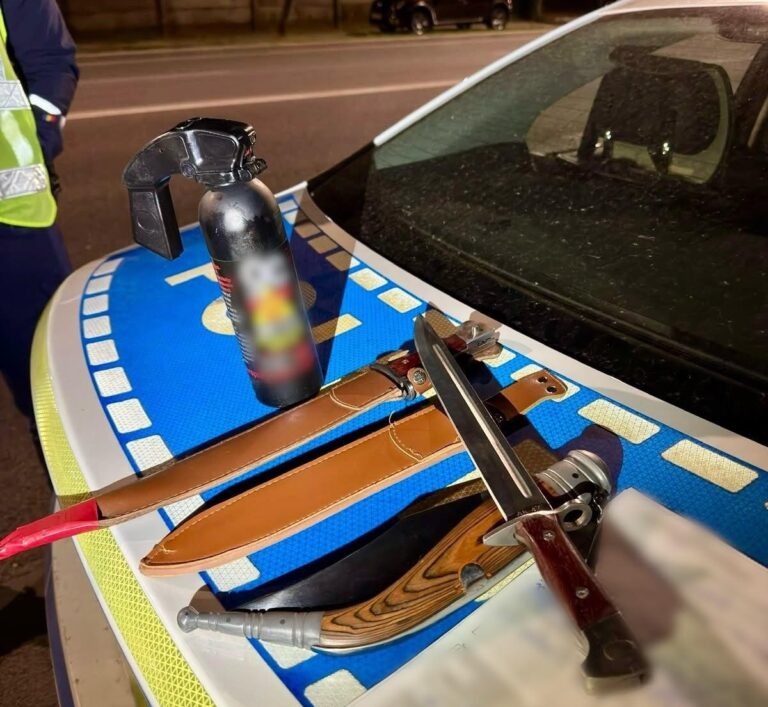 Razie cu final neașteptat la Târgoviște! Prinși cu mai multe cuțite și un spray lacrimogen în mașină. Controlul s-a lăsat cu amenzi în miez de noapte