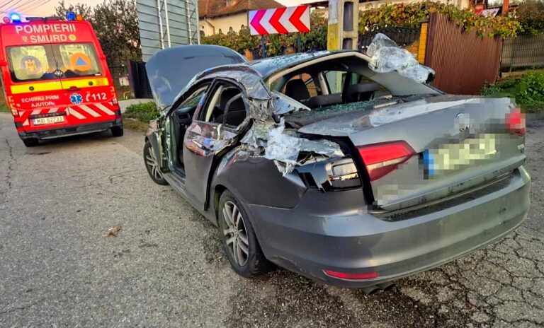 Coșmar pe șosea sâmbătă de dimineață! Un container cu deșeuri din plastic a zdrobit un autoturism. Patru oameni, răniți în urma impactului violent! Trei dintre victime, transportate de urgență la spital
